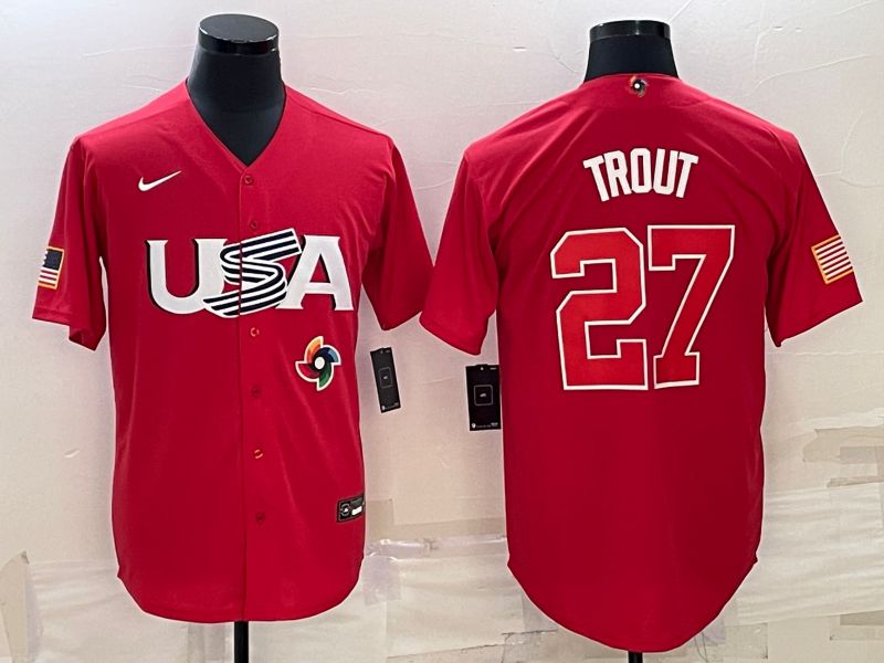 Men 2023 World Cub USA #27 Trout Red Nike MLB Jersey10